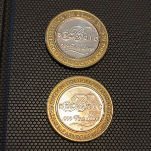 Bellagio Silver and Gold $10 Gaming Tokens. The silver is .999 fine silver. (2)